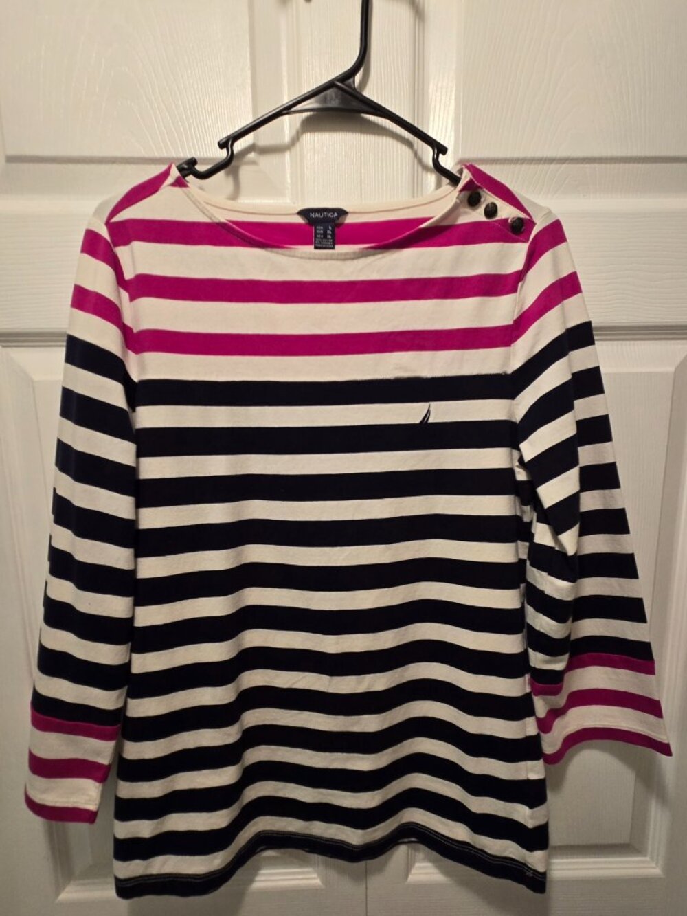 NAUTICA Women's Long Sleeves Striped Pullover Top w/3 Button on Shoulder - Large